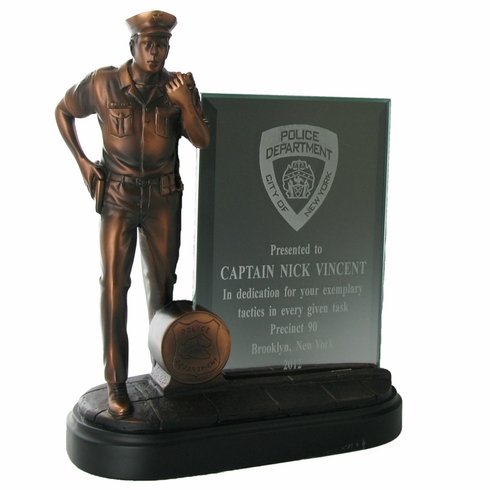 TEST ITEM - DO NOT ORDER!!! - 8-1/4 INCH POLICE OFFICER TROPHY, ELECTROPLATED IN BRONZE, WITH 4X6 INCH GLASS INSERT