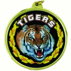 2-1/4 Inch in Diameter Round 'Tigers' Sports Medal in Gold with Mylar Detailing and Customizable Back