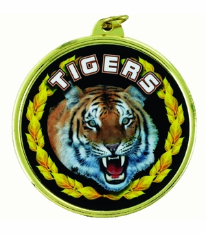2-1/4 Inch in Diameter Round 'Tigers' Sports Medal in Gold with Mylar Detailing and Customizable Back