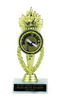 TORCH TROPHY, 7-1/4 INCH, WHITE PLASTIC BASE,  2 INCH INSERT