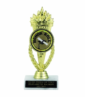 TORCH TROPHY, 7-1/4 INCH, WHITE PLASTIC BASE,  2 INCH INSERT