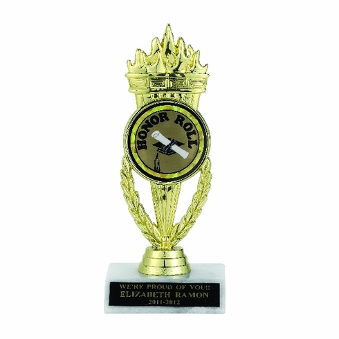 TORCH TROPHY, 7-1/4 INCH, WHITE PLASTIC BASE,  2 INCH INSERT