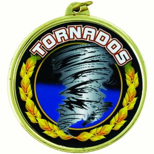 2-1/4 Inch in Diameter Round 'Tornados' Gold Medal with Mylar Detailing and Customizable Back