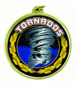2-1/4 Inch in Diameter Round 'Tornados' Gold Medal with Mylar Detailing and Customizable Back