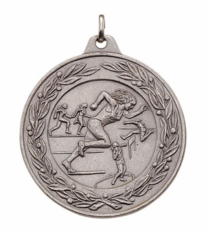 2 Inch Die-Struck Womens Track and Field Medal with Antique Finish in Gold, Silver, or Bronze