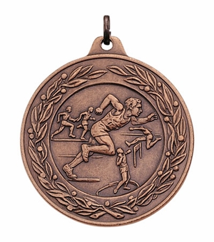 2 Inch Die-Struck Mens Track and Field Medal with Antique Finish in Gold, Silver, or Bronze