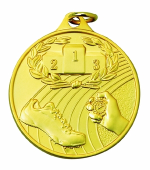 1-1/2 Inch Track Themed Sports Medal in Gold, Silver, or Bronze with Customizable Back