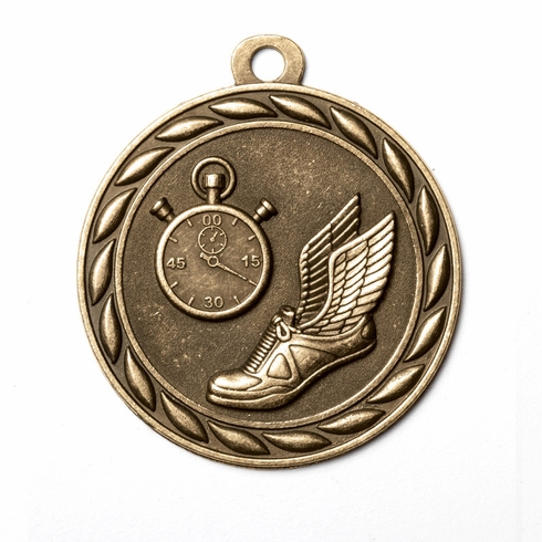 Metal 2-Inch in Diameter Round Track Themed Medal with Cutomizable Back in Multiple Colors