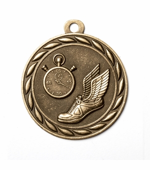 Metal 2-Inch in Diameter Round Track Themed Medal with Cutomizable Back in Multiple Colors