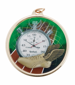2-1/4 Inch in Diameter Round Multicolored Gold Track Medal with Mylar Detailing and Customizable Back