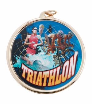 2-1/4 Inch in Diameter Round Gold and Mylar Detailed Triathalon Medal with Customizable Back