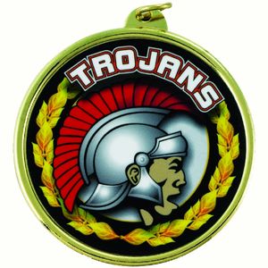 2-1/4 Inch in Diameter Round 'Trojans' Sports Medal in Gold and Mylar with Customizable Back