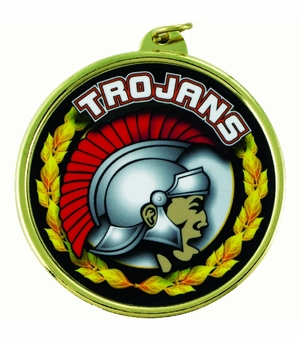2-1/4 Inch in Diameter Round 'Trojans' Sports Medal in Gold and Mylar with Customizable Back
