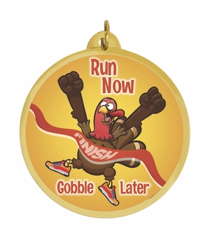 2-1/4 Inch in Diameter Round Turkey Trot Medal with Mylar Detailing and Customizable Back