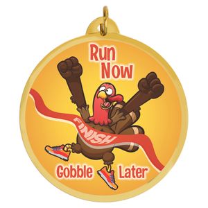 2-1/4 Inch in Diameter Round Turkey Trot Medal with Mylar Detailing and Customizable Back