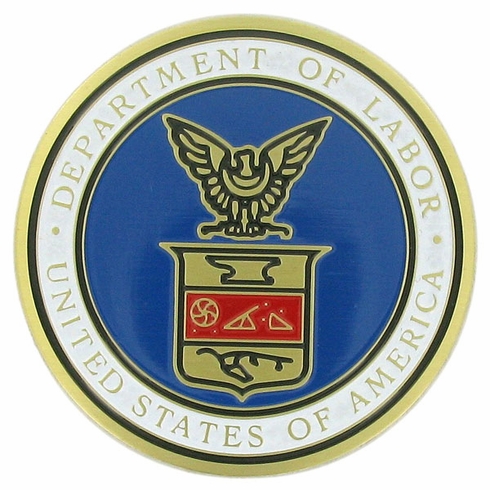 2-Inch in Diameter Round Etched-Enameled Metal U.S. Department of Labor Medallion Insert in Gold with Peel-and-Stick Back