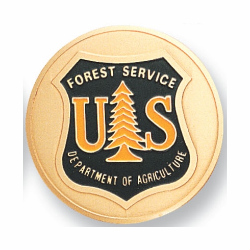 2-Inch in Diameter Round Etched-Enameled Metal U.S. Forest Service Medallion Insert in Gold with Peel-and-Stick Back