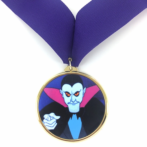 2-1/4 Inch in Diameter Round Iron Medal with 2 Inch Mylar Vampire Themed Insert and Ribbon