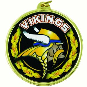2-1/4 Inch in Diameter Round 'Vikings' Themed Mylar and Gold Sports Medal with Customizable Back