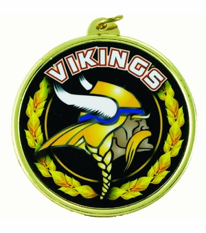 2-1/4 Inch in Diameter Round 'Vikings' Themed Mylar and Gold Sports Medal with Customizable Back