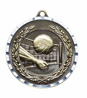2 Inch Volleyball Themed Diamond-Engraved Brass Medal in Gold, Silver, or Bronze with Customizable Back