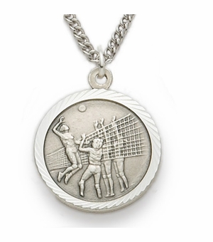 3/4 Inch Womens Volleyball Themed St. Christopher Medal in Sterling Silver