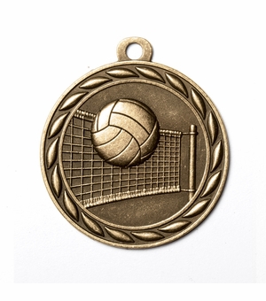 Metal 2-Inch in Diameter Round Volleyball Medal with Cutomizable Back in Multiple Colors