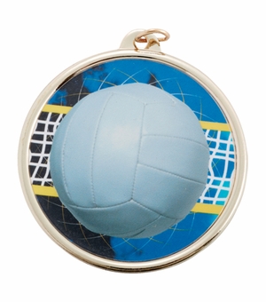 2-1/4 Inch in Diameter Round Volleyball Themed Gold and Mylar Sports Medal with Customizable Back