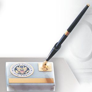 WHITE MARBLE PEN HOLDER WITH 2 INCH MEDALLION