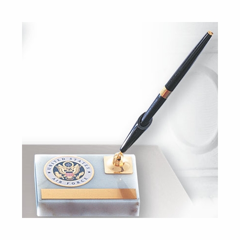 WHITE MARBLE PEN HOLDER WITH 2 INCH MEDALLION
