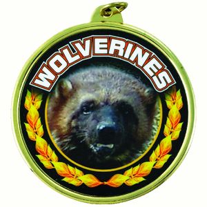 2-1/4 Inch in Diameter Round Gold and Mylar 'Wolverines' Medal with Customizable Back