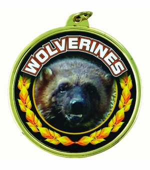 2-1/4 Inch in Diameter Round Gold and Mylar 'Wolverines' Medal with Customizable Back