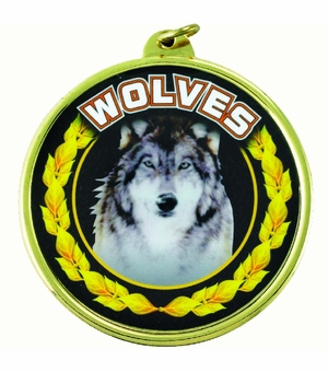 2-1/4 Inch in Diameter Round 'Wolves' Themed Mylar and Gold Sports Medal with Customizable Back