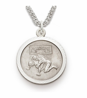 3/4 Inch Mens Wrestling Themed St. Christopher Medal in Sterling Silver
