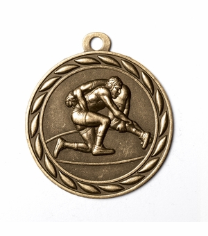 Metal 2-Inch in Diameter Round Wrestling Medal with Cutomizable Back in Multiple Colors