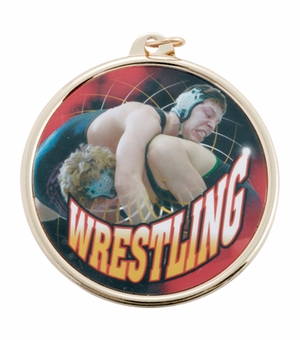 2-1/4 Inch in Diameter Round Wrestling Medal in Gold with Mylar Front Detailing and Customizable Back