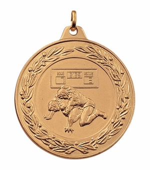 2 Inch Die-Struck Wrestling Medal with Antique Finish in Gold, Silver, or Bronze