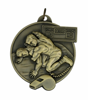 2-3/4 Inch High-Relief Sculptured Wrestling Medal in Multiple Colors