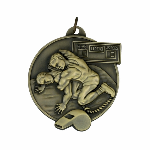 2-3/4 Inch High-Relief Sculptured Wrestling Medal in Multiple Colors