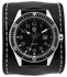 Black Leather Cuff Watch With Stitching 