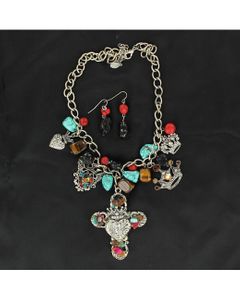  Crown, Heart, and Cross Charm Necklace and Earring Set