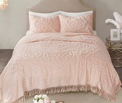 Tufted Cotton Chenille Medallion Fringe Coverlet Mini Set Blush Full/Queen
