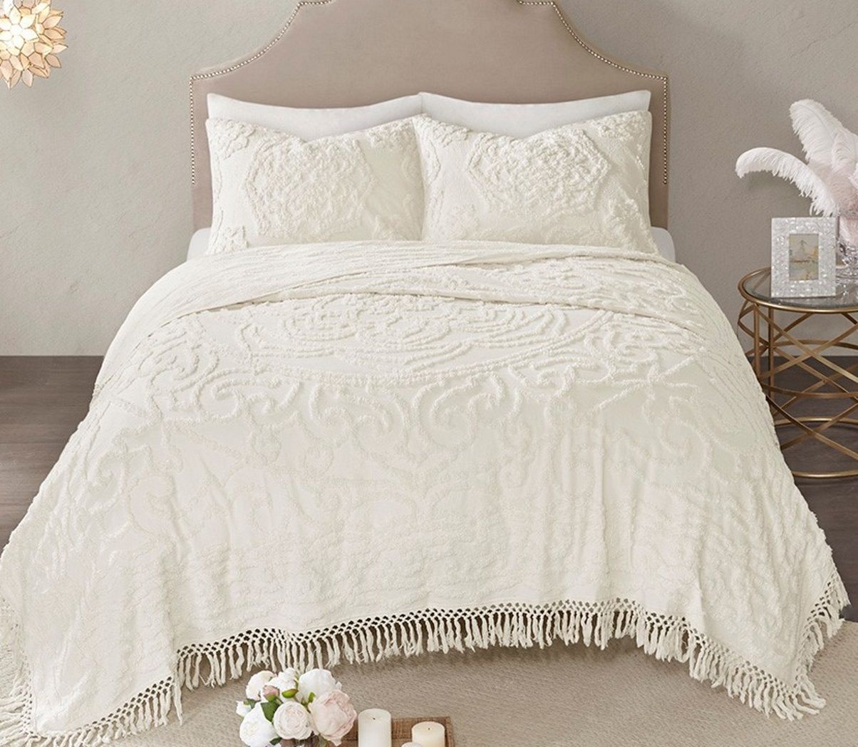 Laetitia Ivory Tufted Cotton Chenille Medallion Fringe Coverlet Set