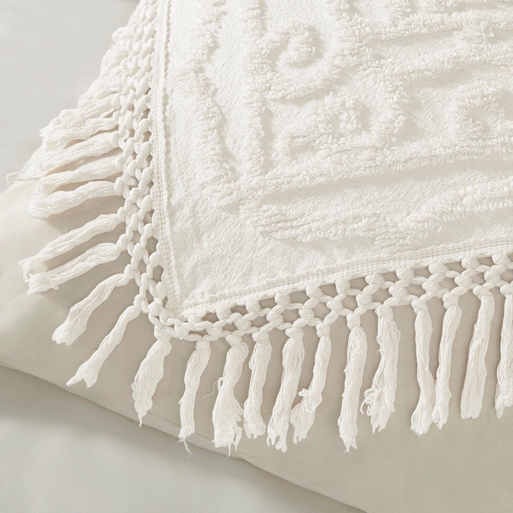 Laetitia Ivory Tufted Cotton Chenille Medallion Fringe Coverlet Set