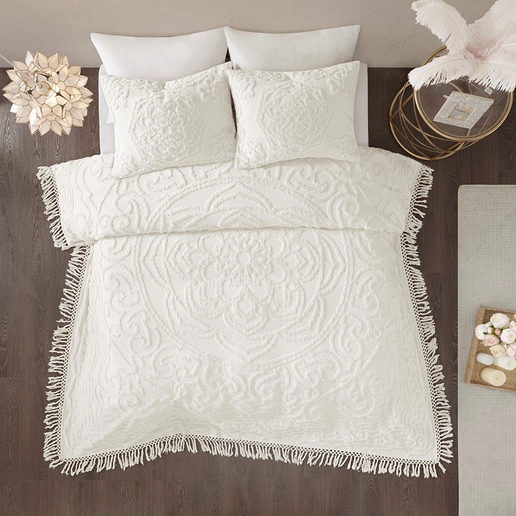 Laetitia Ivory Tufted Cotton Chenille Medallion Fringe Coverlet Set