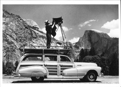 CEDRIC WRIGHT - ANSEL ADAMS PHOTOGRAPHING IN YOSEMITE VALLEY (ON A WOODY STATION WAGON) - NOTECARD
