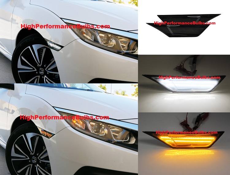 CNPAPC Smoked LED Side Marker Lights For 2016-2021 Honda Civic – Front Turn Signal Lamps With LED Bulbs, Black Housing