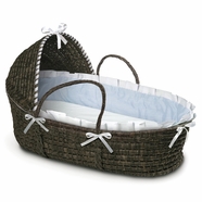 Badger Basket Espresso Moses Basket with Hood and Blue Gingham Bedding