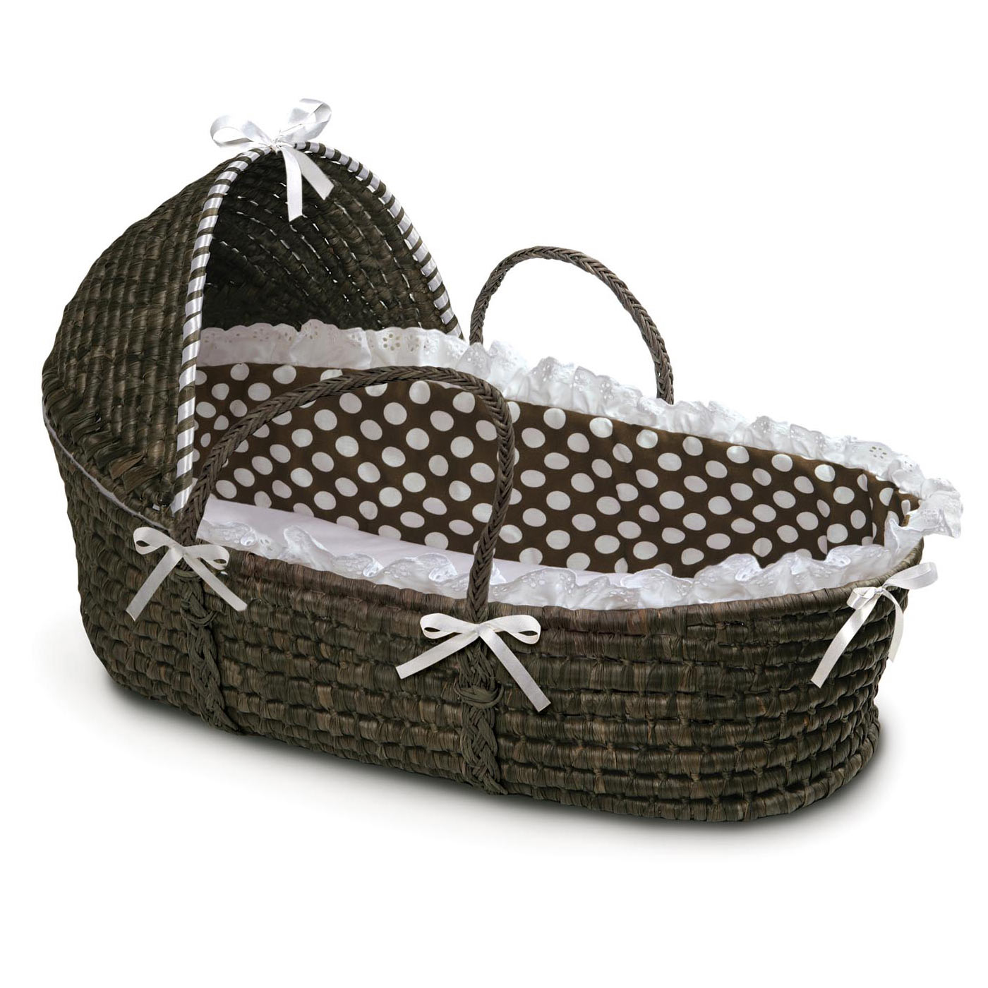 Badger Basket Espresso Moses Basket with Hood and Brown Polka Dot