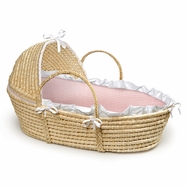 Badger Basket Natural Hooded Moses Basket Pink Gingham Bedding